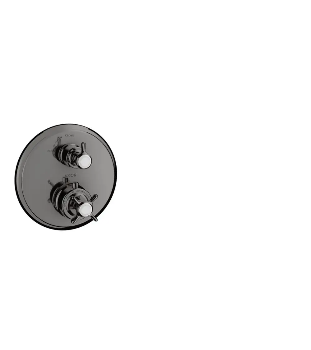 Thermostat-Wanne mit zwei Kreuzgriffen und Absperrventil in Polished Black Chrome. Produkt von AXOR, montiert auf einer runden Platte.